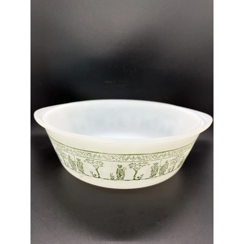 Vintage Glasbake Milk Glass With Roman Greek Green Design 2 QT Casserole‎ Dish